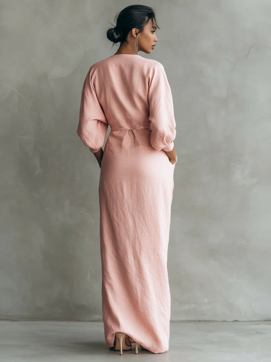 VESTIDO DE LINO ROSA CON CUELLO EN V