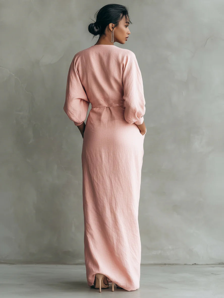 VESTIDO DE LINO ROSA CON CUELLO EN V