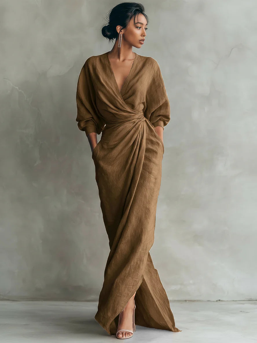 VESTIDO DE LINO ROSA CON CUELLO EN V