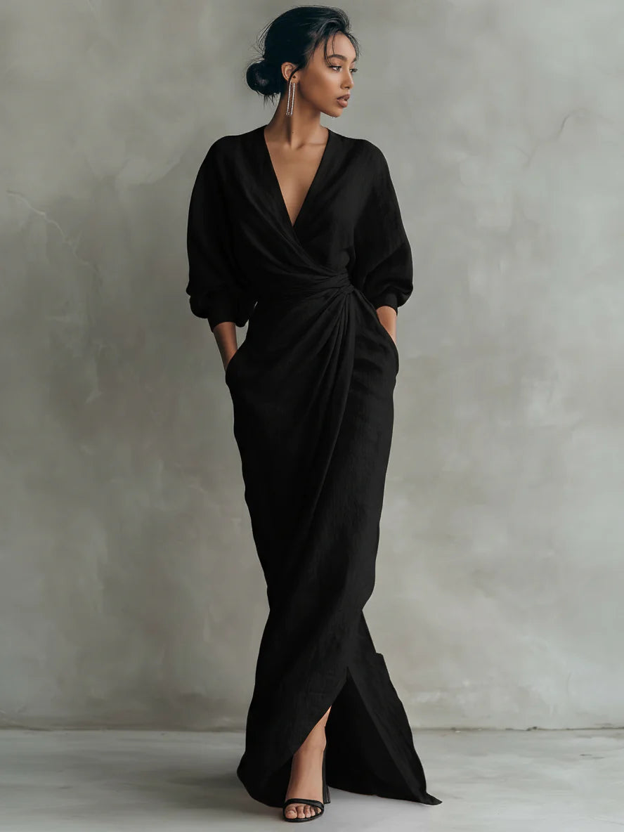 VESTIDO DE LINO ROSA CON CUELLO EN V
