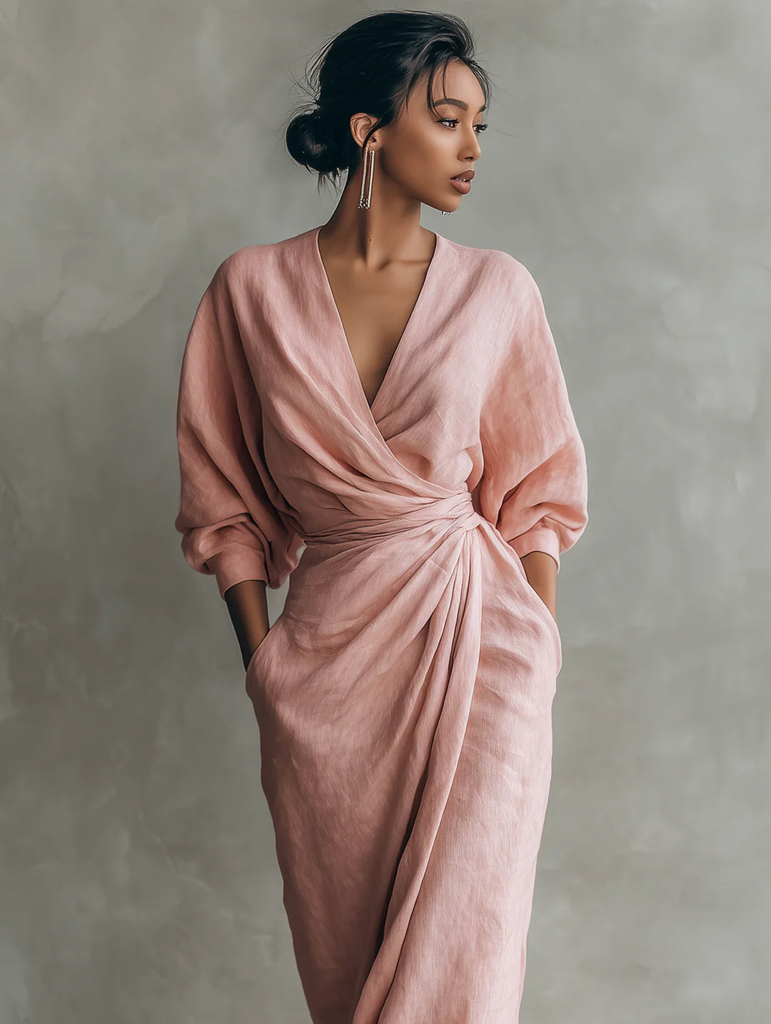 VESTIDO DE LINO ROSA CON CUELLO EN V