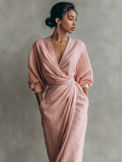 VESTIDO DE LINO ROSA CON CUELLO EN V