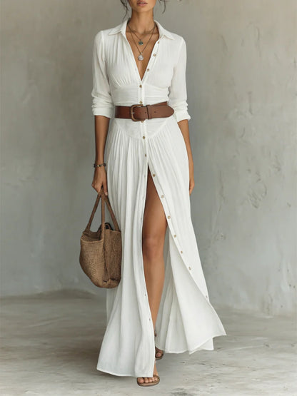 VESTIDO LARGO DE LINO CON CUELLO EN V DE MANGA LARGA