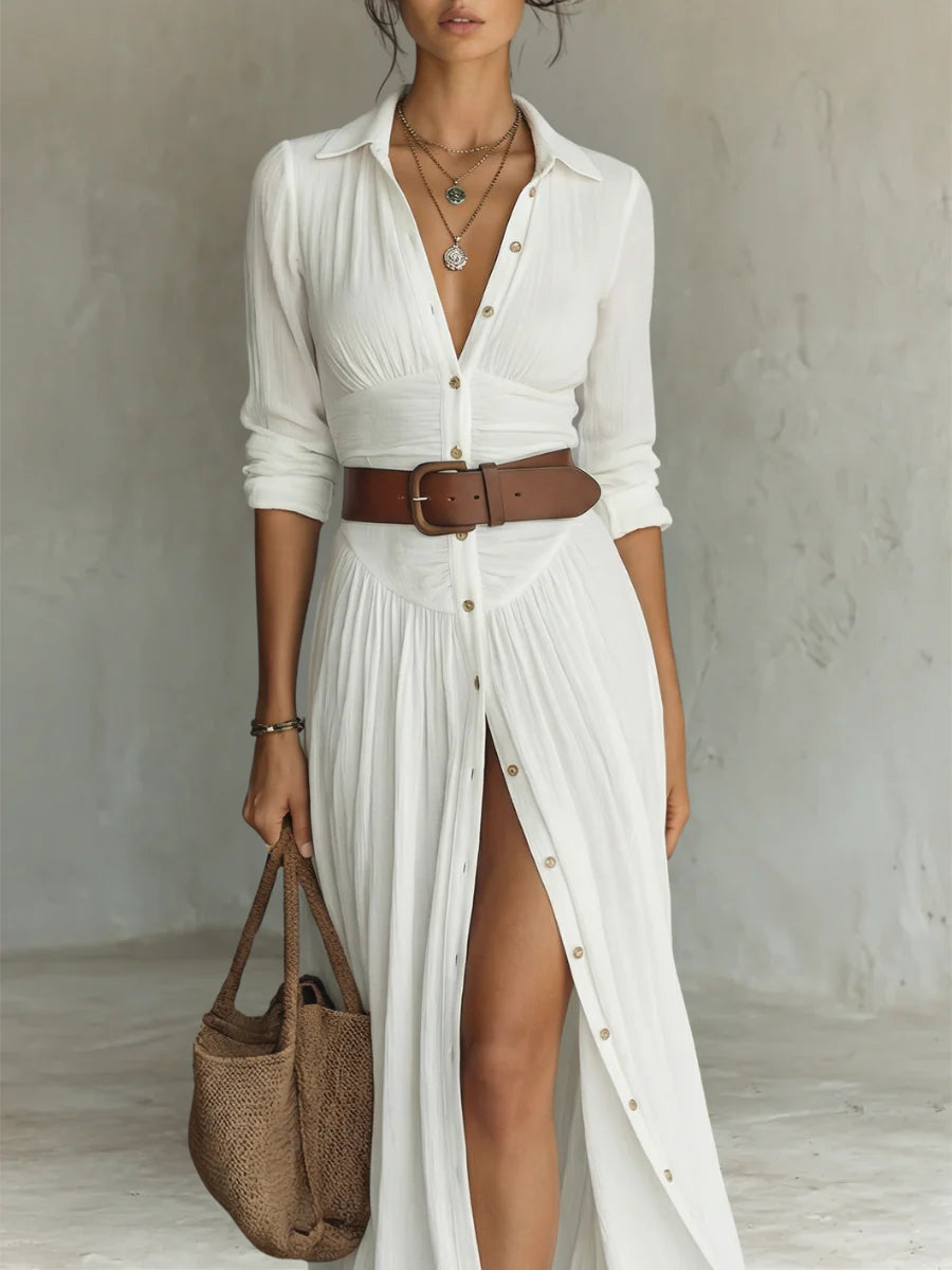 VESTIDO LARGO DE LINO CON CUELLO EN V DE MANGA LARGA