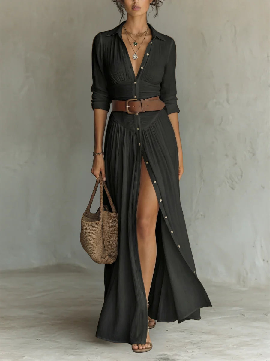 VESTIDO LARGO DE LINO CON CUELLO EN V DE MANGA LARGA