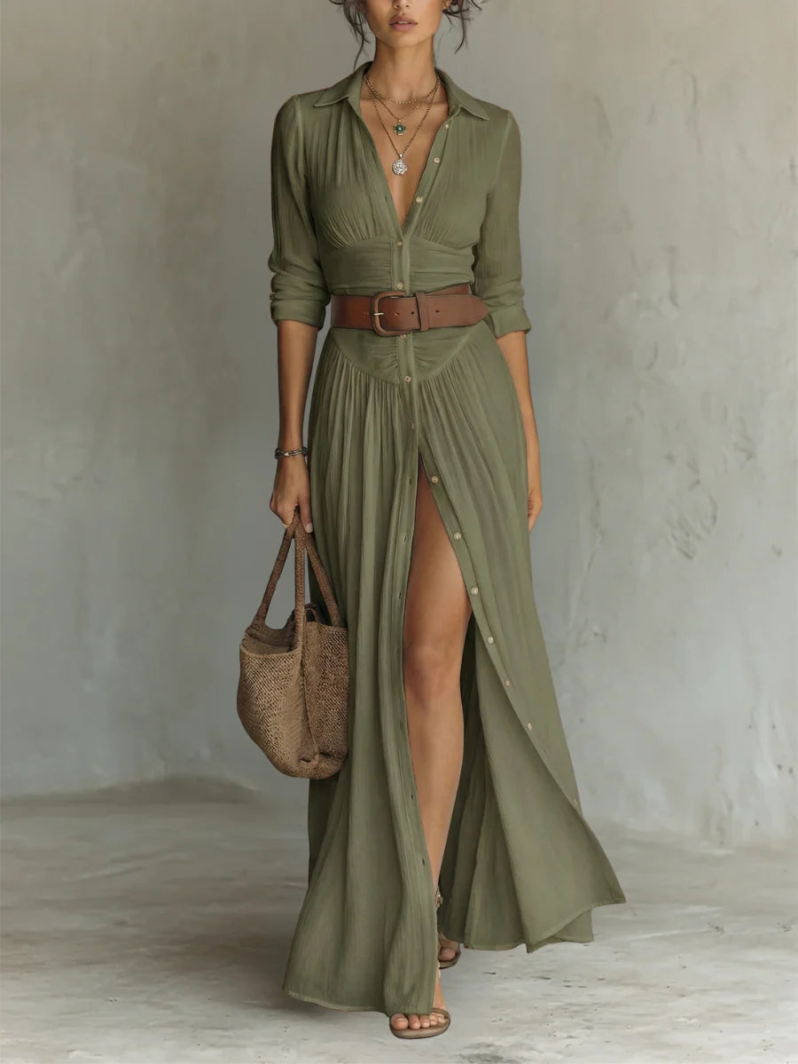 VESTIDO LARGO DE LINO CON CUELLO EN V DE MANGA LARGA