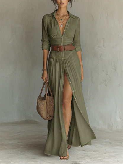 VESTIDO LARGO DE LINO CON CUELLO EN V DE MANGA LARGA