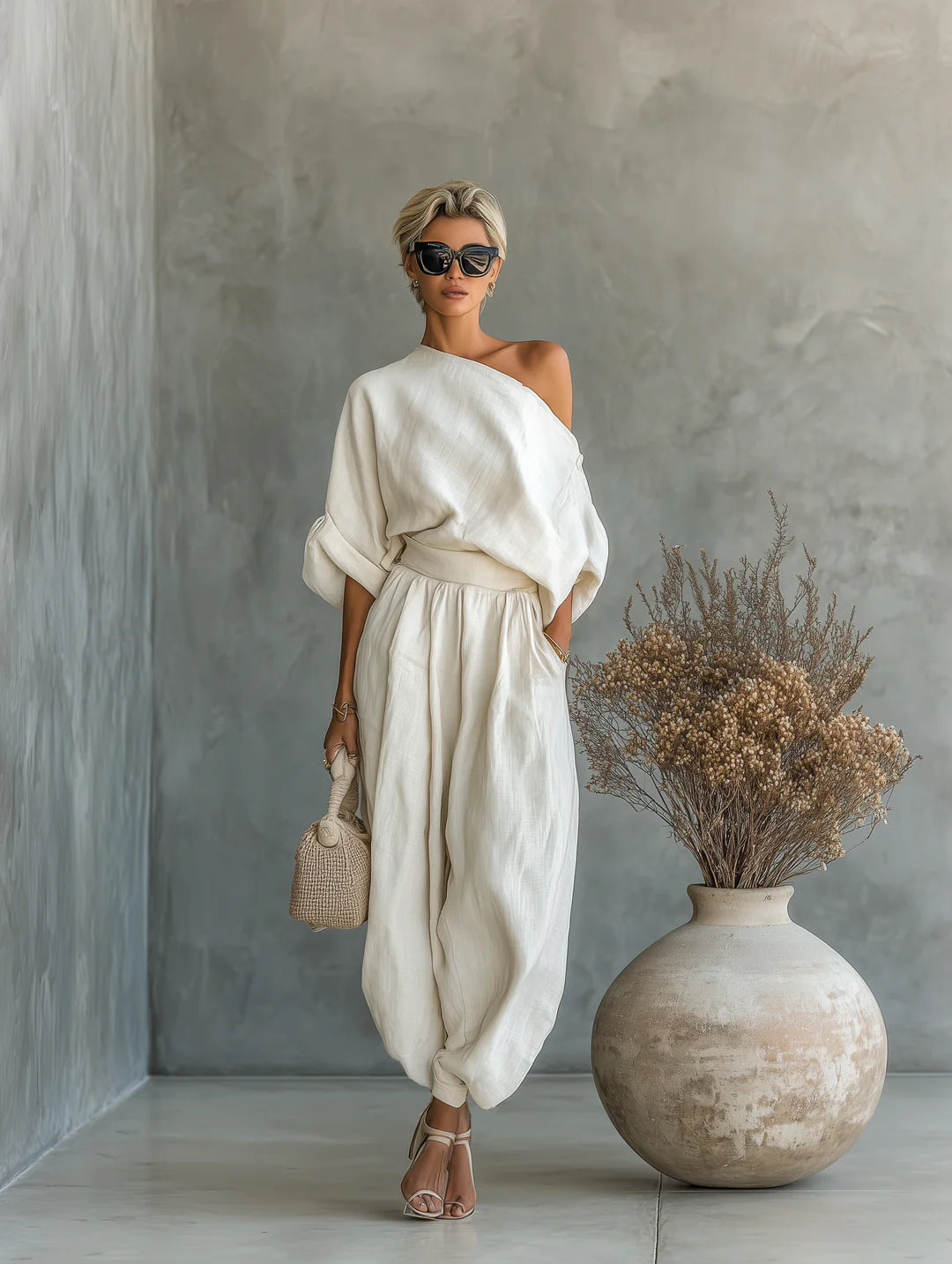 CONJUNTO DE LINO CON PANTALONES Y HOMBRO DESCUBIERTO