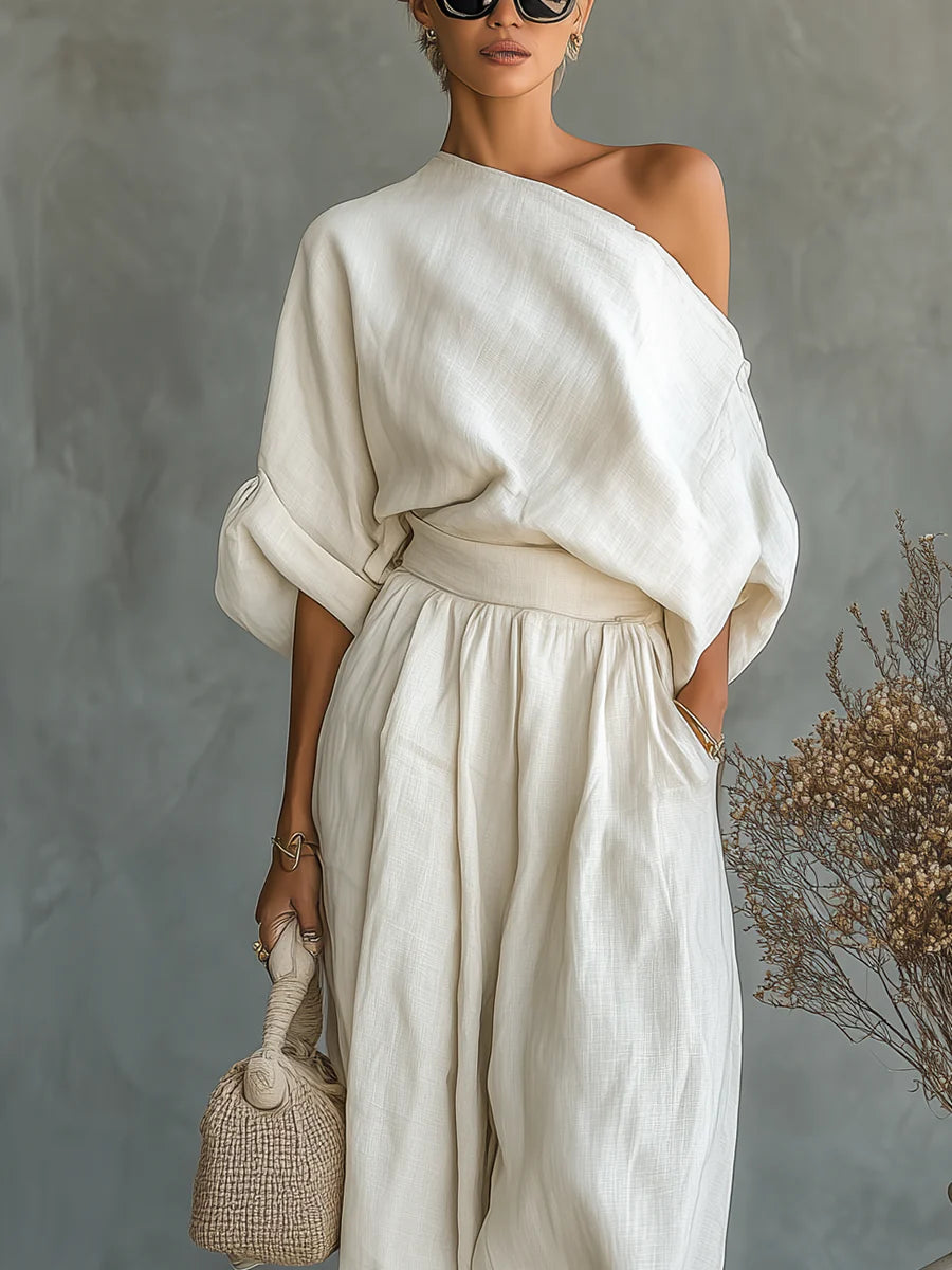 CONJUNTO DE LINO CON PANTALONES Y HOMBRO DESCUBIERTO