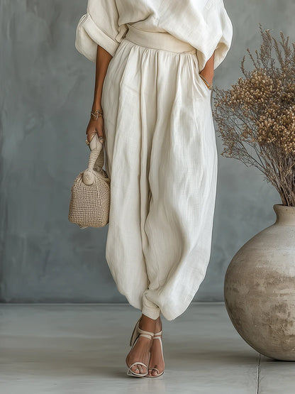 CONJUNTO DE LINO CON PANTALONES Y HOMBRO DESCUBIERTO