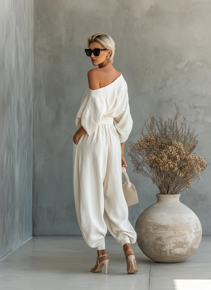 CONJUNTO DE LINO CON PANTALONES Y HOMBRO DESCUBIERTO