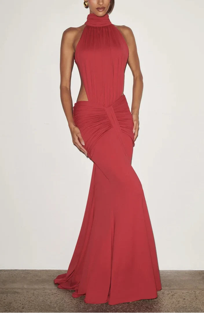 VESTIDO LARGO DE CUELLO ALTO Y ESPALDA DESCUBIERTA