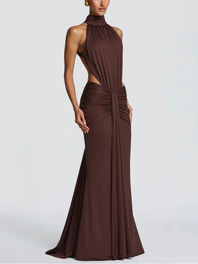 VESTIDO LARGO DE CUELLO ALTO Y ESPALDA DESCUBIERTA