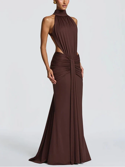 VESTIDO LARGO DE CUELLO ALTO Y ESPALDA DESCUBIERTA