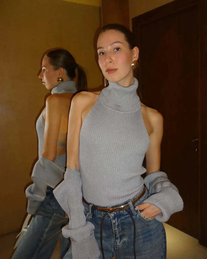 JERSEY DE PUNTO CUELLO ALTO ESPALDA DESCUBIERTA