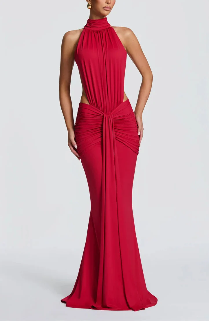 VESTIDO LARGO DE CUELLO ALTO Y ESPALDA DESCUBIERTA