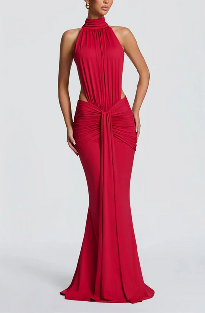 VESTIDO LARGO DE CUELLO ALTO Y ESPALDA DESCUBIERTA
