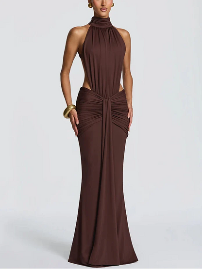 VESTIDO LARGO DE CUELLO ALTO Y ESPALDA DESCUBIERTA