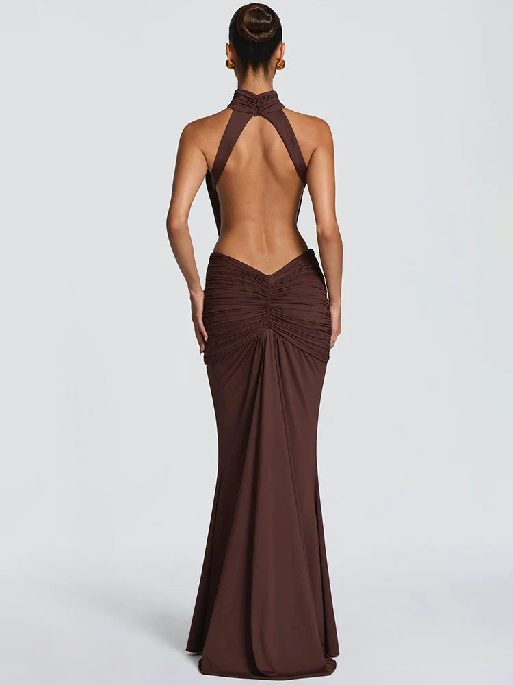 VESTIDO LARGO DE CUELLO ALTO Y ESPALDA DESCUBIERTA